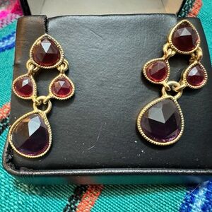 Vintage Garnet-Glass Drop Earrings | Goldtone Statement